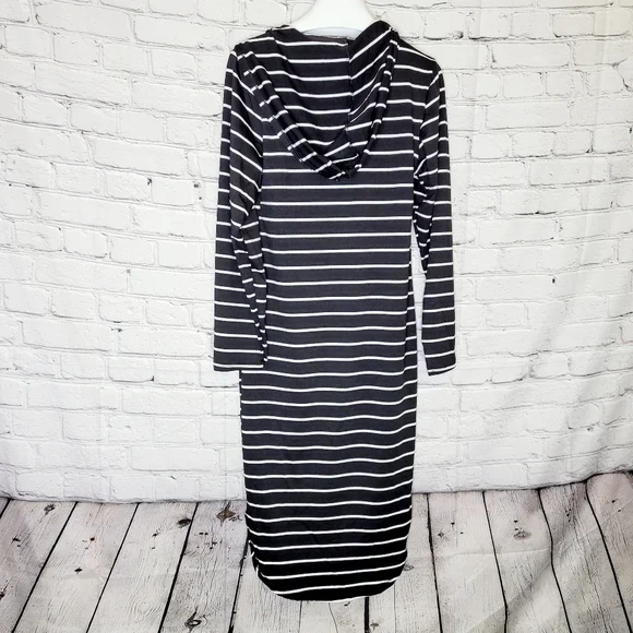 NWT Black White Stripe Hooded Long Sleeve Dress - Picture 2 of 2